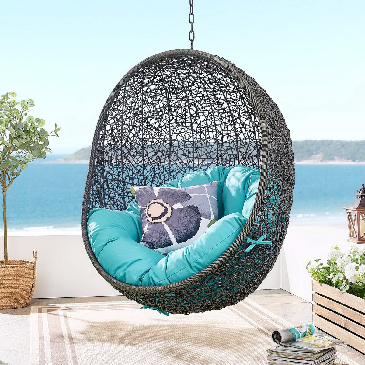 Hide Outdoor Patio Swing Chair With Stand black wicker hanging egg chair with teal cushions on Tampa Home & Garden Store