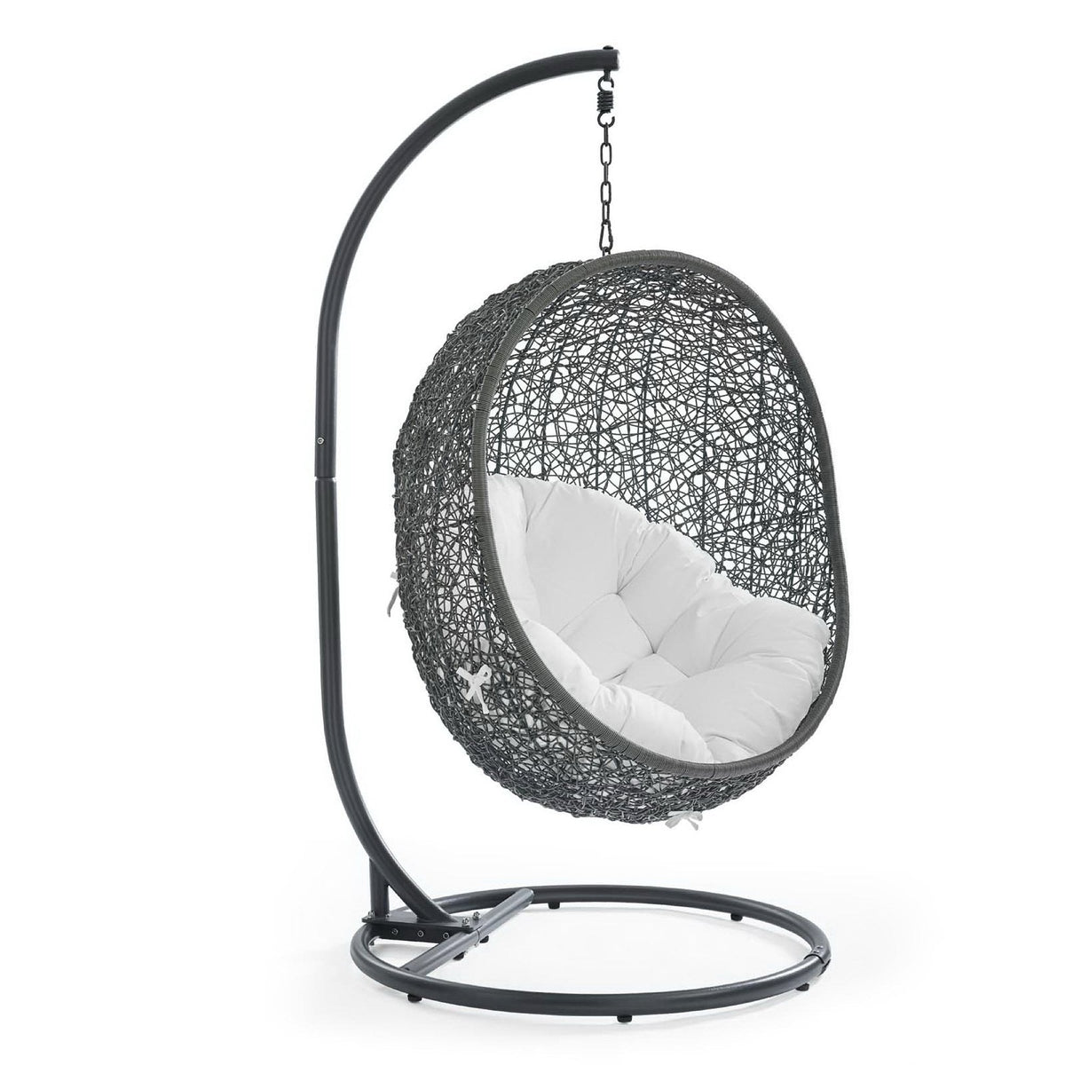 Outdoor hanging daybed chair with stand, black woven rattan frame and light gray cushion on Tampa Home & Garden Store