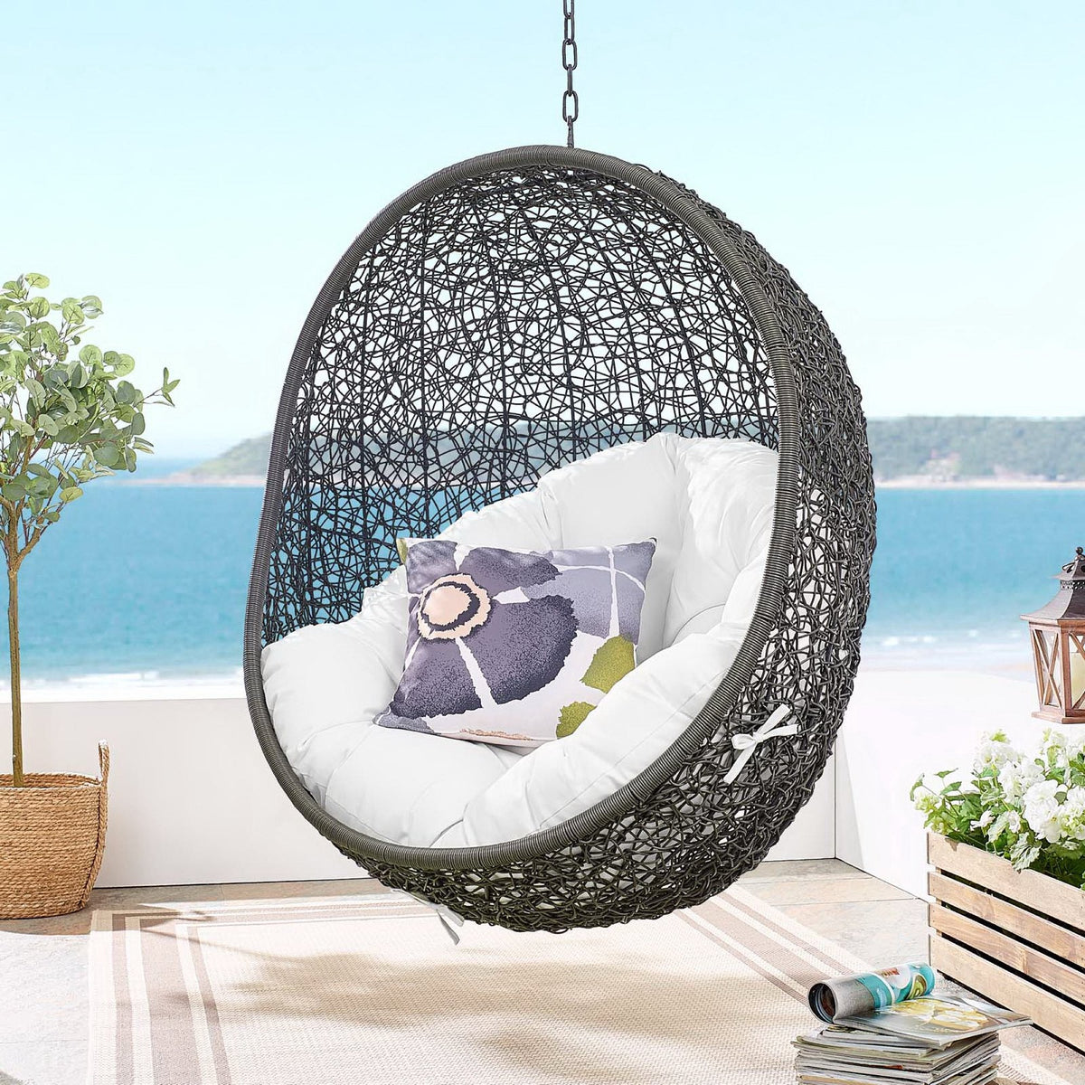 Hide Outdoor Patio Swing Chair With Stand black woven rattan with white cushions HouseOfZazla on Tampa Home & Garden Store