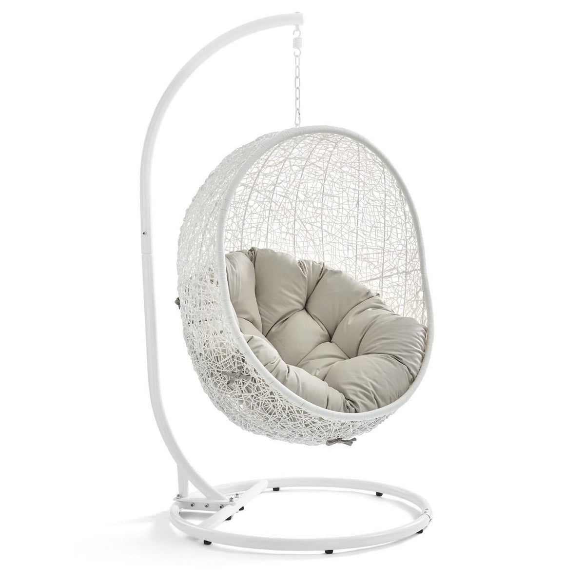 Hide Outdoor Patio Swing Chair With Stand white wicker hanging daybed with beige cushions on Tampa Home & Garden Store