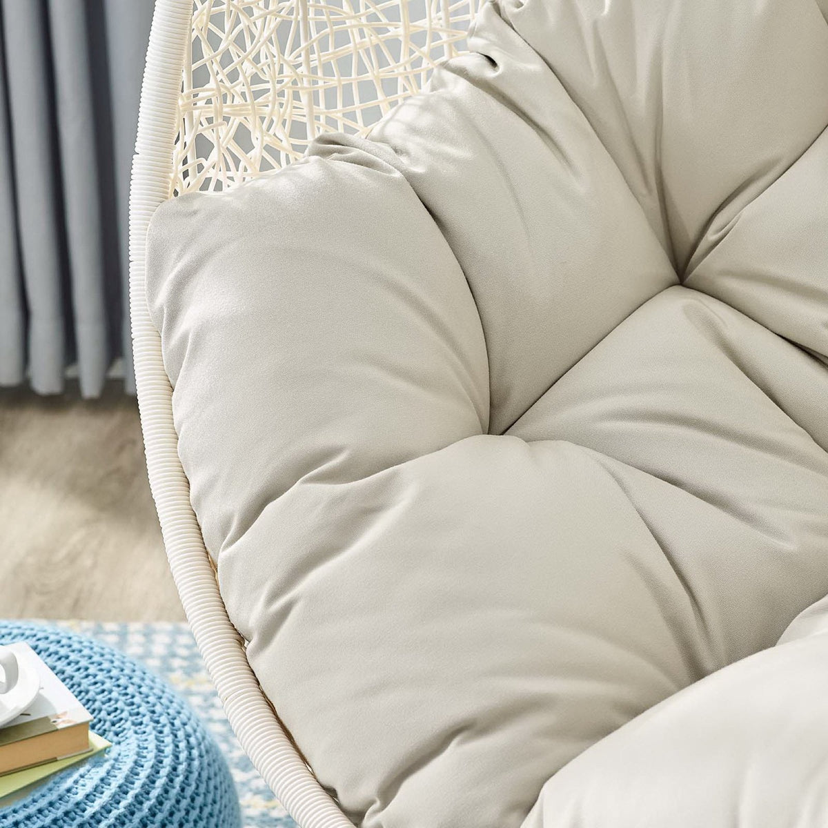 Hide Patio Swing Chair With Stand beige cushions on white wicker frame by HouseOfZazla on Tampa Home & Garden Store