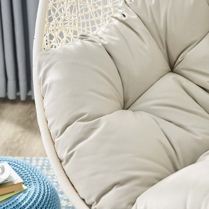 Hide Patio Swing Chair With Stand beige cushions on white wicker frame by HouseOfZazla on Tampa Home & Garden Store