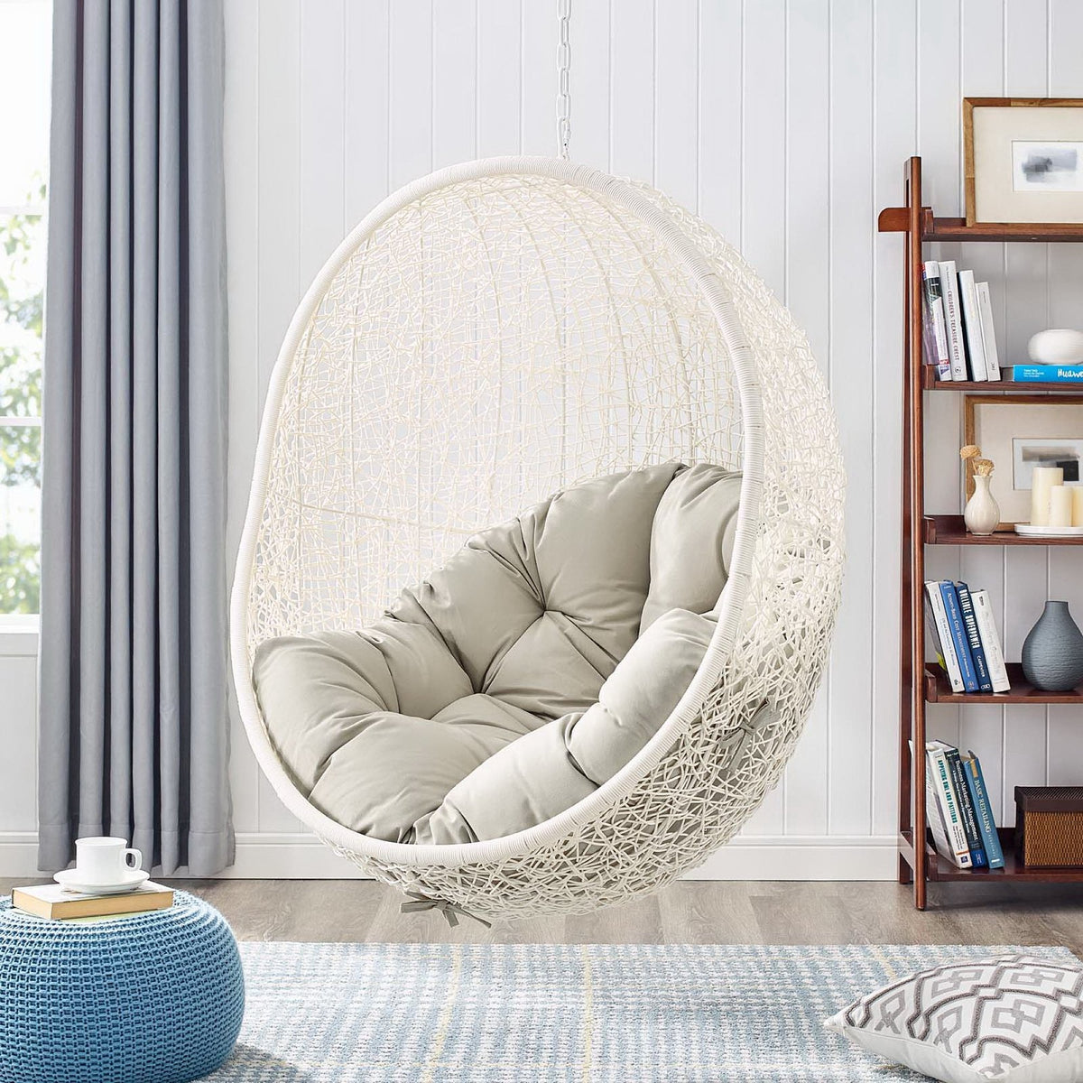 Hide Outdoor Swing Chair With Stand Modway white wicker gray cushion on Tampa Home & Garden Store