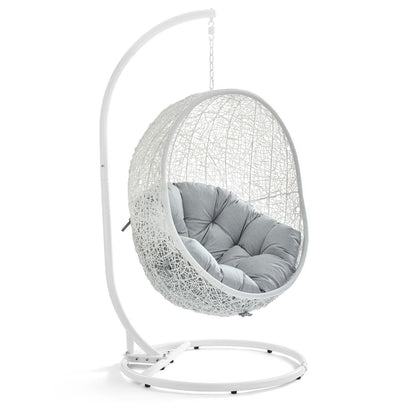 Hide Outdoor Patio Swing Chair With Stand white egg chair on metal stand with gray cushions on Tampa Home & Garden Store