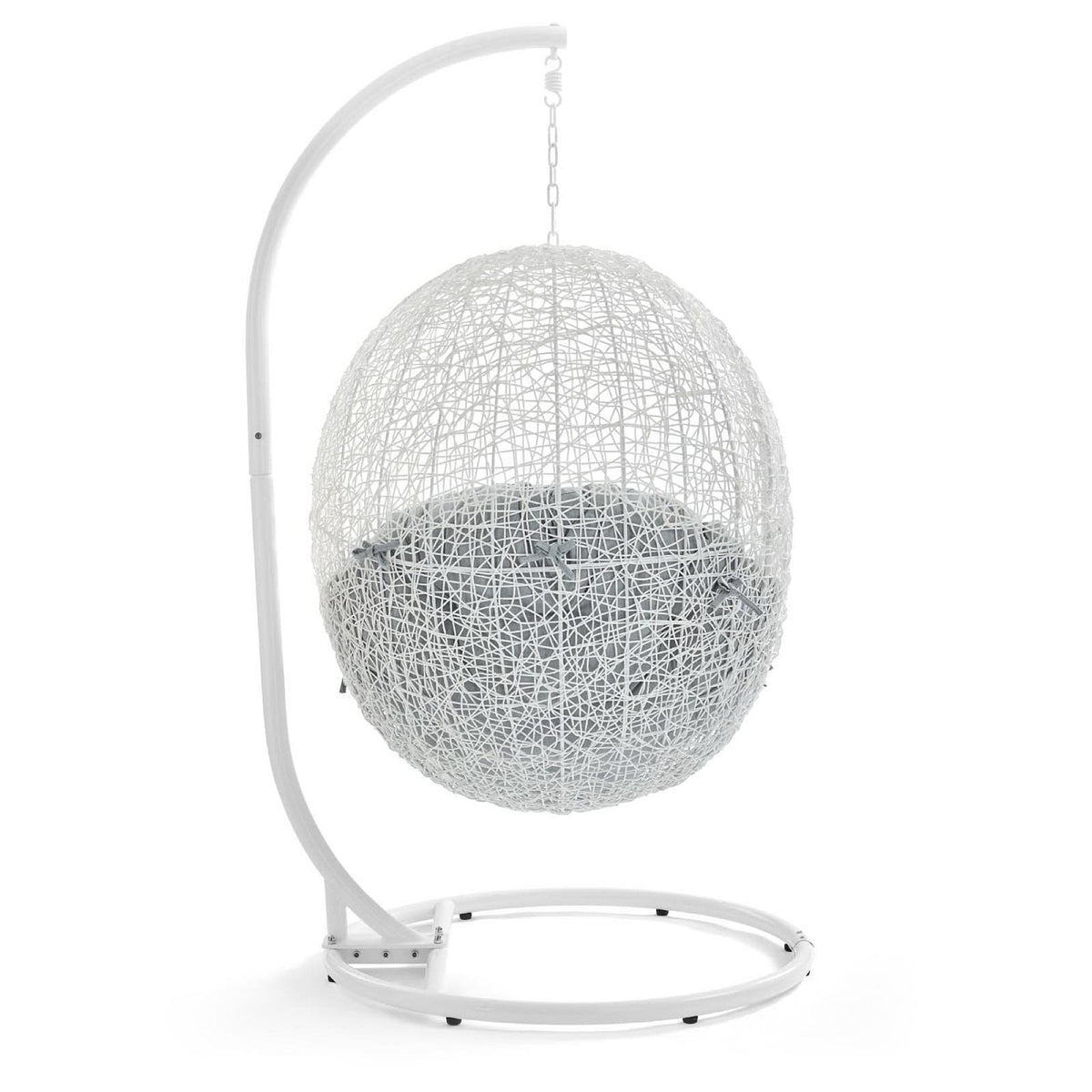 Hide Outdoor Patio Swing Chair With Stand white woven wicker ball on curved metal frame on Tampa Home & Garden Store