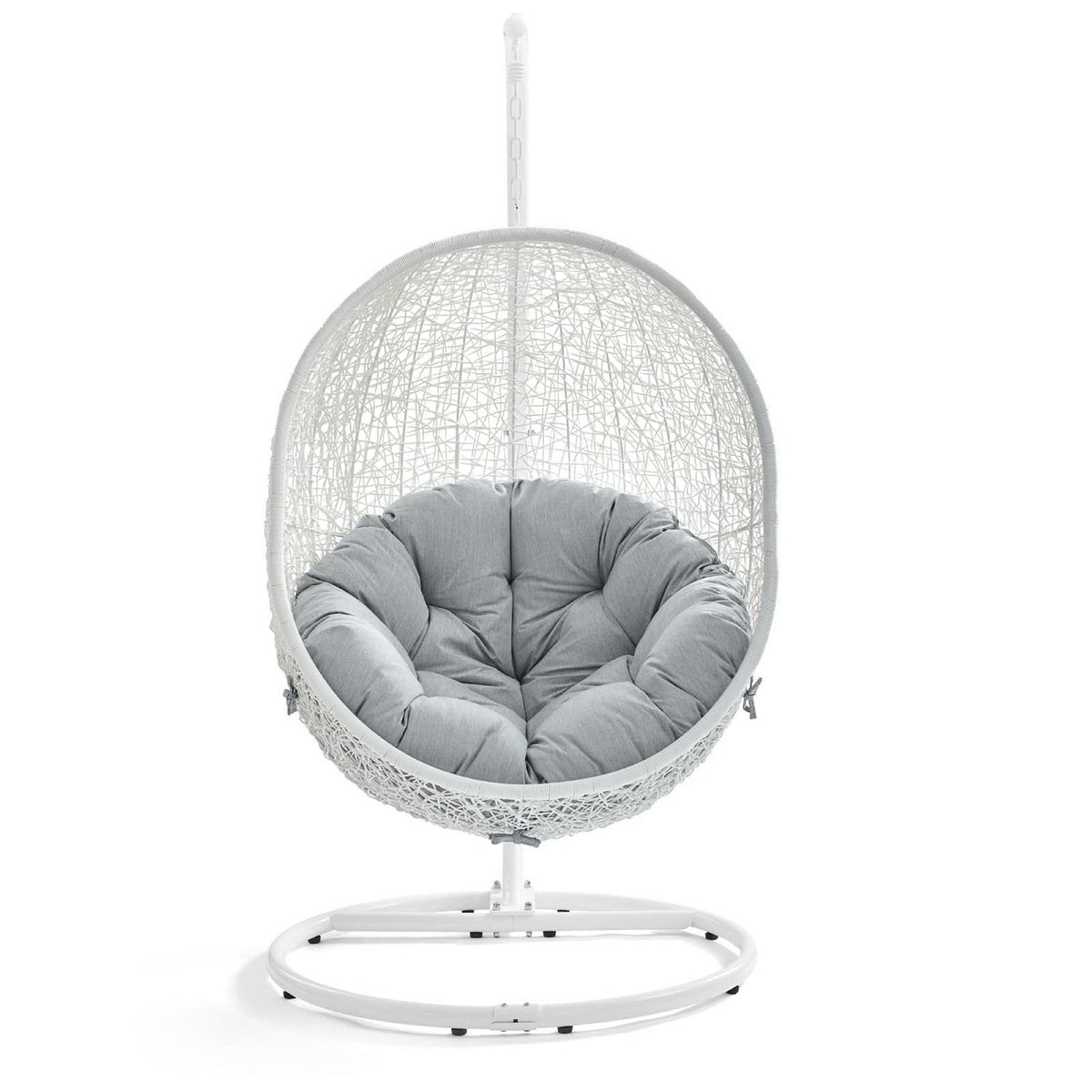 Hide Outdoor Patio Swing Chair With Stand white wicker with grey cushion HouseOfZazla on Tampa Home & Garden Store
