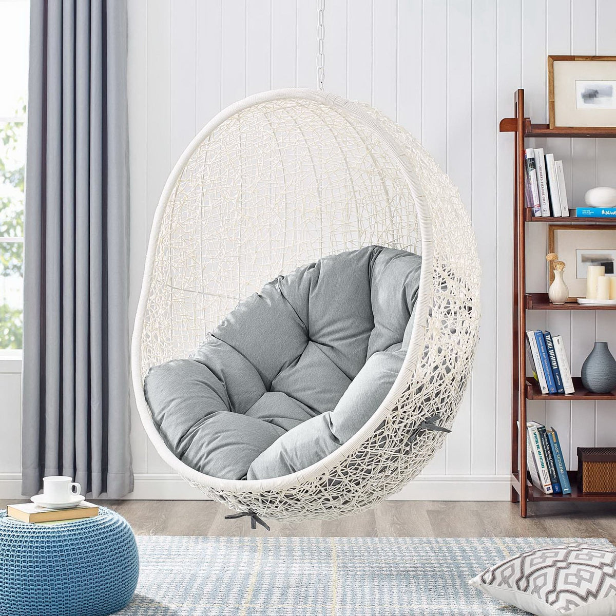 Hide Outdoor Patio Swing Chair With Stand by Modway, white woven rattan and gray cushions on Tampa Home & Garden Store