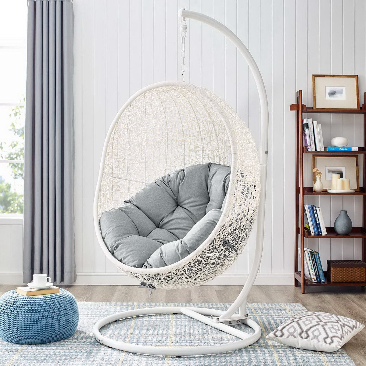 Hide Outdoor Patio Swing Chair With Stand by Modway, white frame with grey cushions on Tampa Home & Garden Store