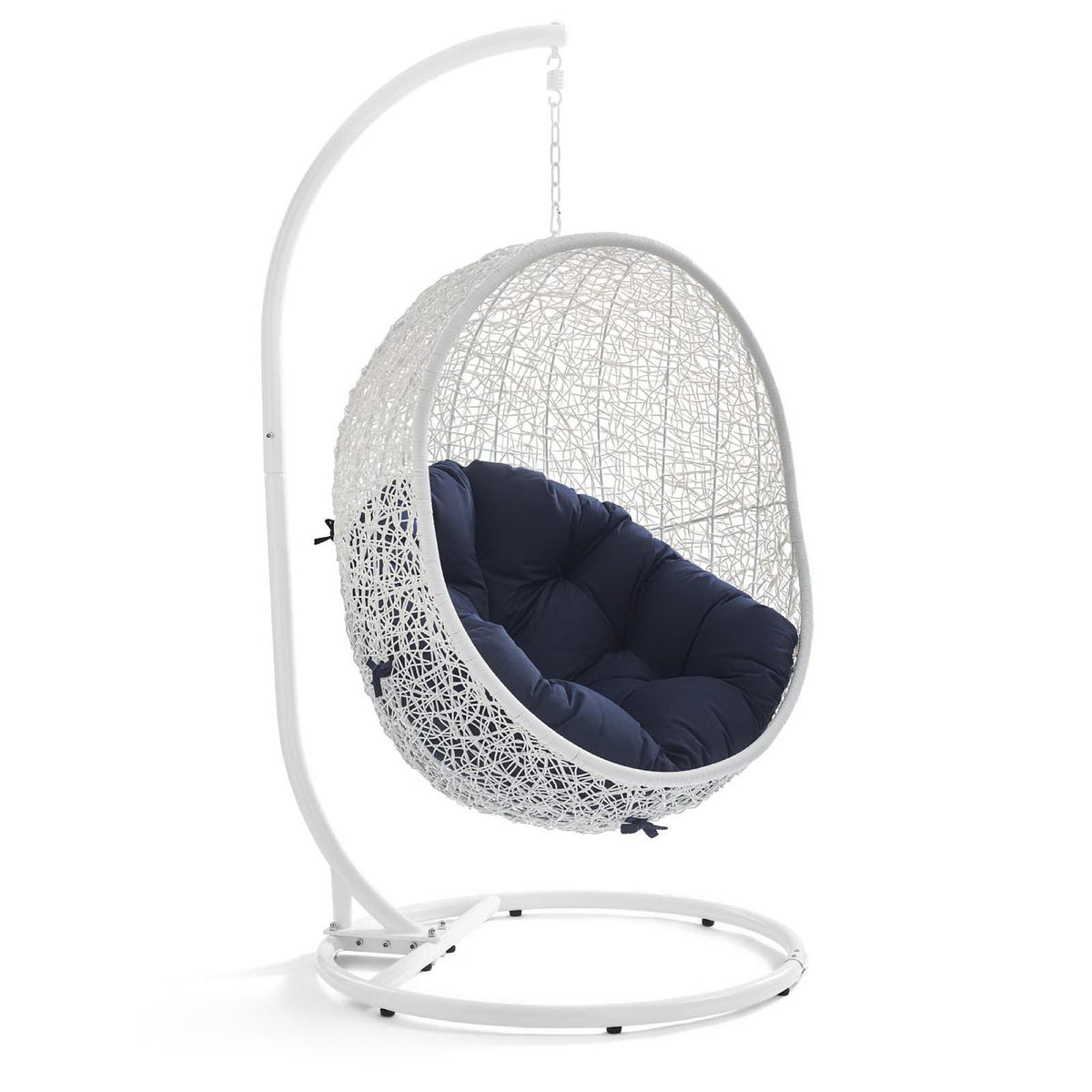 Hide Outdoor Patio Swing Chair With Stand white woven wicker navy cushions on Tampa Home & Garden Store
