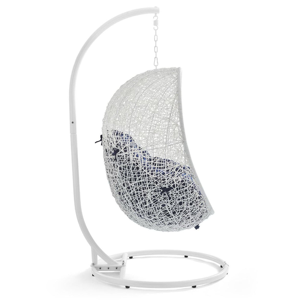 Hide Outdoor Patio Swing Chair With Stand white frame, navy cushion, woven wicker seat on Tampa Home & Garden Store