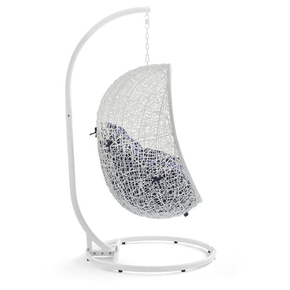 Hide Outdoor Patio Swing Chair With Stand white frame, navy cushion, woven wicker seat on Tampa Home & Garden Store
