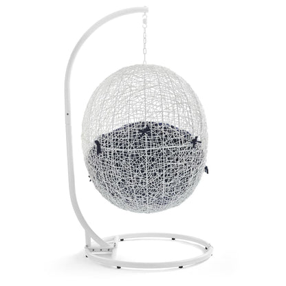 Hide Outdoor Patio Swing Chair With Stand white wicker seat with navy cushion on metal stand on Tampa Home & Garden Store