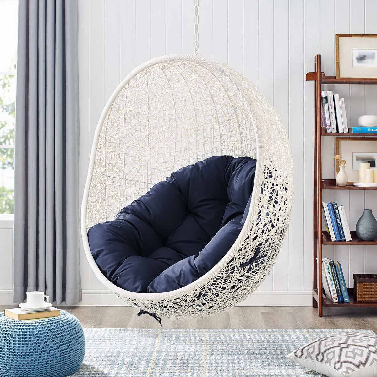 Hide Outdoor Patio Swing Chair With Stand white wicker frame navy cushions on Tampa Home & Garden Store