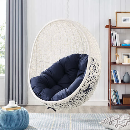 Hide Outdoor Patio Swing Chair With Stand white wicker frame navy cushions on Tampa Home & Garden Store