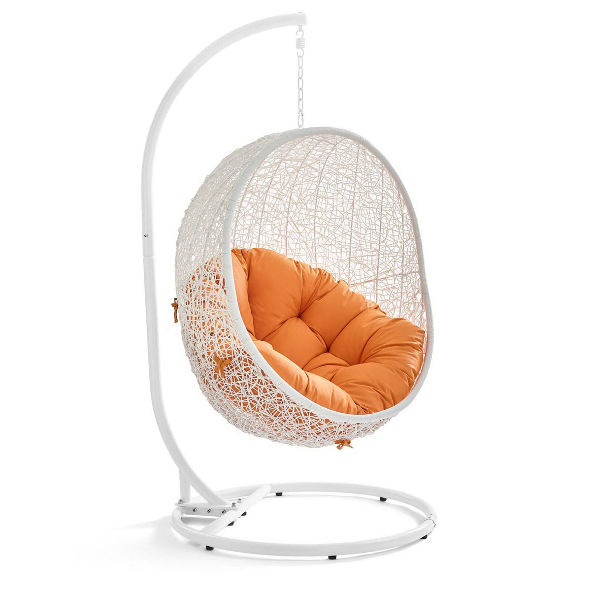 Hide Outdoor Patio Swing Chair With Stand, white woven egg chair with orange cushions on Tampa Home & Garden Store