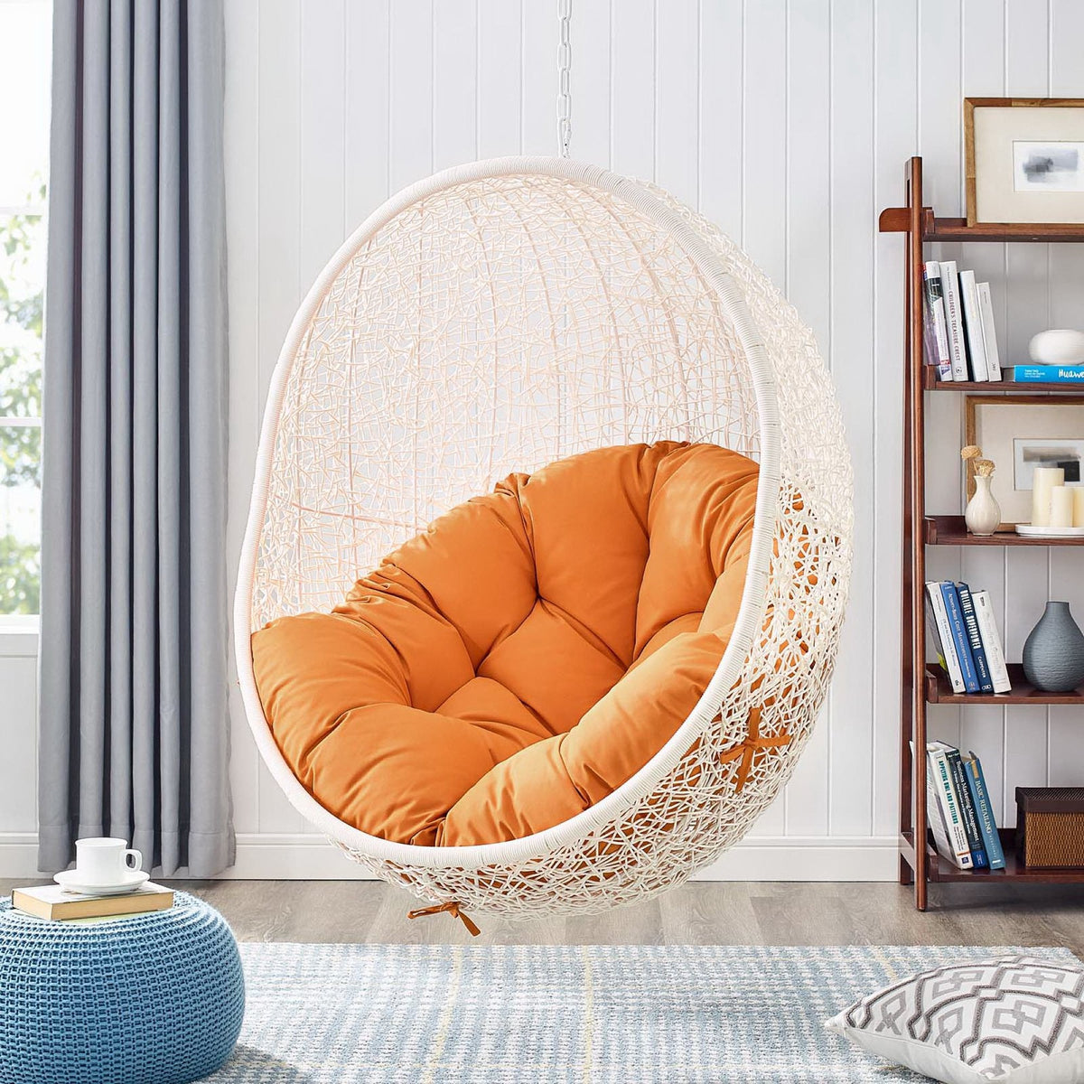 Hide Outdoor Patio Swing Chair With Stand white wicker hanging chair with orange cushions on Tampa Home & Garden Store