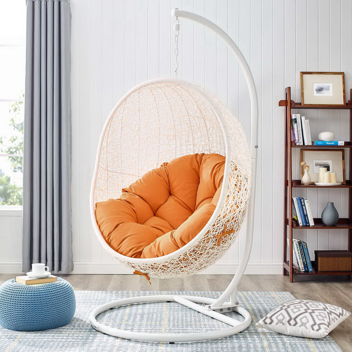 Hide Outdoor Patio Swing Chair With Stand, white wicker hanging chair with orange cushion on Tampa Home & Garden Store