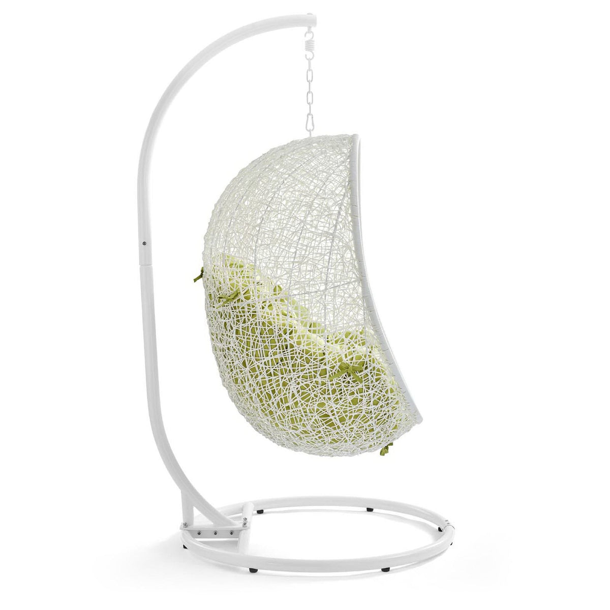 Hide Outdoor Patio Swing Chair With Stand in white woven seat on a round white metal stand on Tampa Home & Garden Store