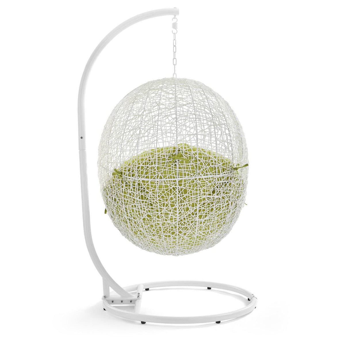 Hide Outdoor Patio Swing Chair With Stand white woven spherical seat with lime cushions on Tampa Home & Garden Store