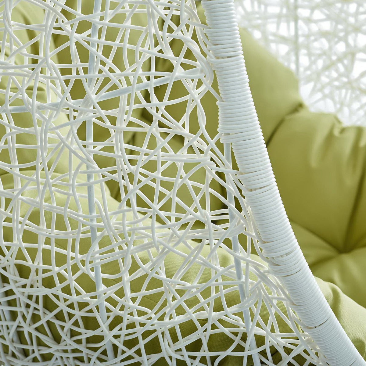 Hide outdoor patio swing chair with stand close-up white woven lattice cushions in background on Tampa Home & Garden Store
