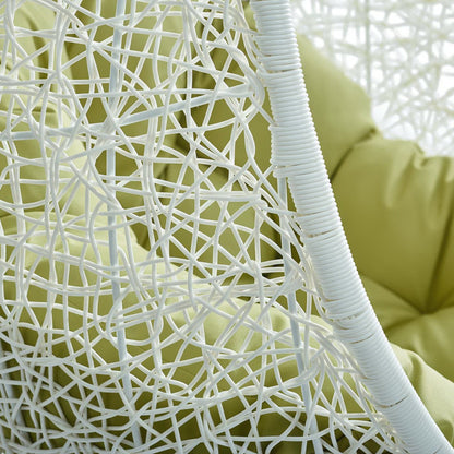 Hide outdoor patio swing chair with stand close-up white woven lattice cushions in background on Tampa Home & Garden Store