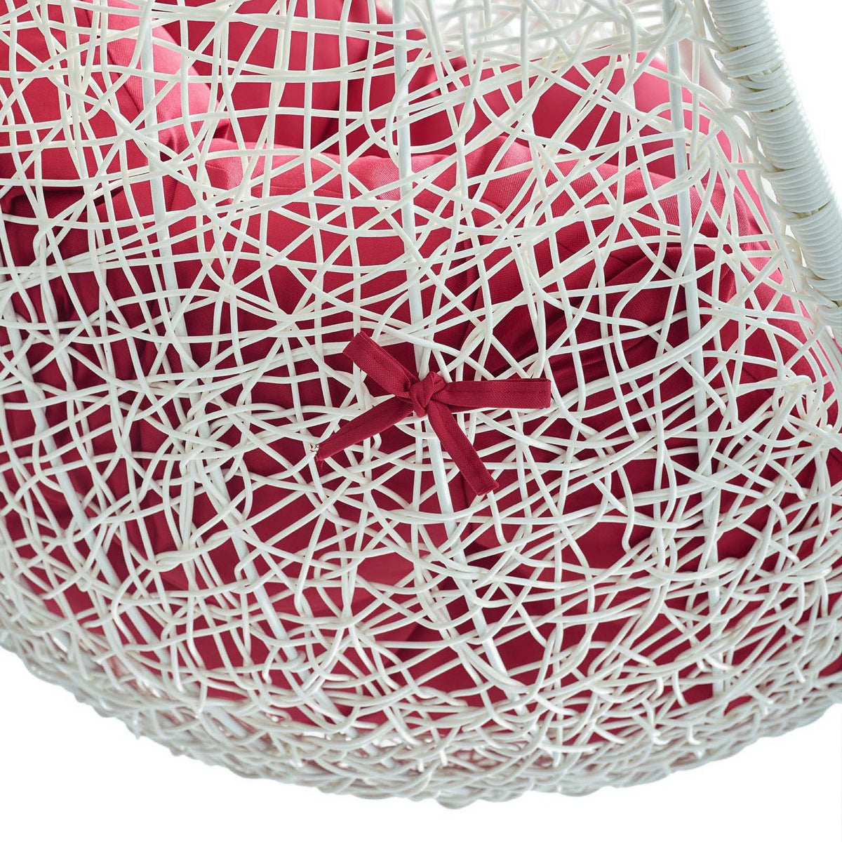 Hide Outdoor Patio Swing Chair With Stand red cushion in white woven circular frame on Tampa Home & Garden Store