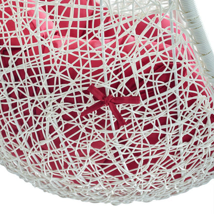 Hide Outdoor Patio Swing Chair With Stand red cushion in white woven circular frame on Tampa Home & Garden Store