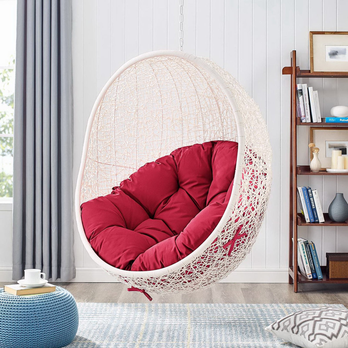 Hide Outdoor Patio Swing Chair With Stand white woven hanging chair with red cushion on Tampa Home & Garden Store