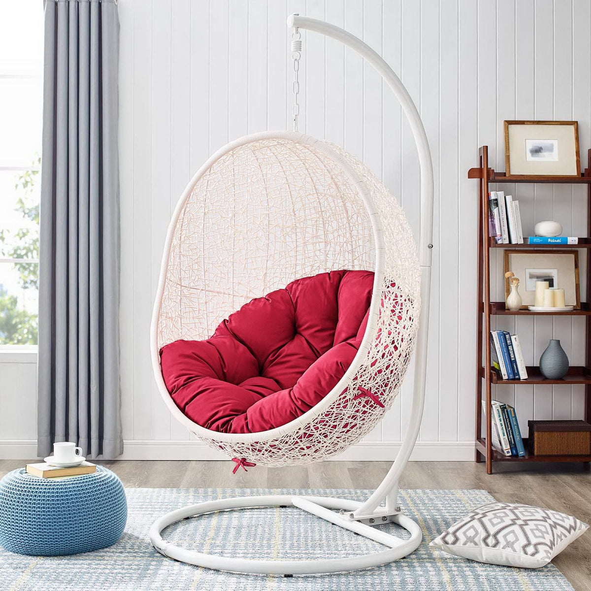 Hide Outdoor Patio Swing Chair With Stand by Modway, white wicker egg chair with red cushion on Tampa Home & Garden Store
