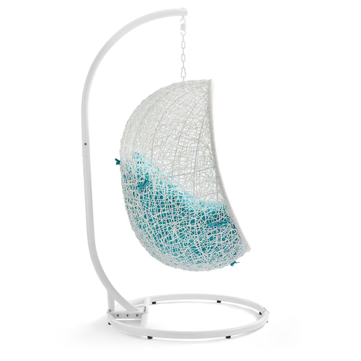 Hide outdoor patio swing chair with stand white wicker weave and teal cushion on Tampa Home & Garden Store