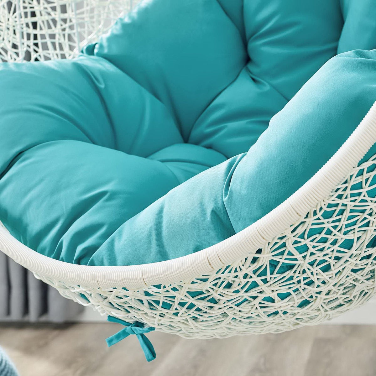 Hide Outdoor Patio Swing Chair With Stand teal cushions on white wicker frame on Tampa Home & Garden Store