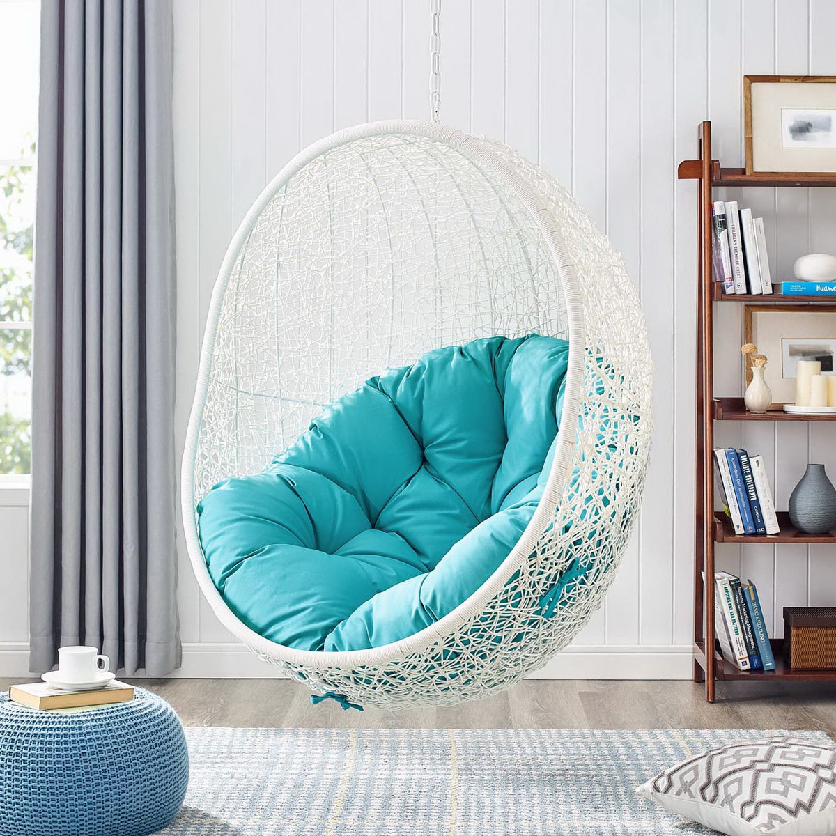 Hide Outdoor Patio Swing Chair With Stand white woven hanging chair teal cushions on Tampa Home & Garden Store