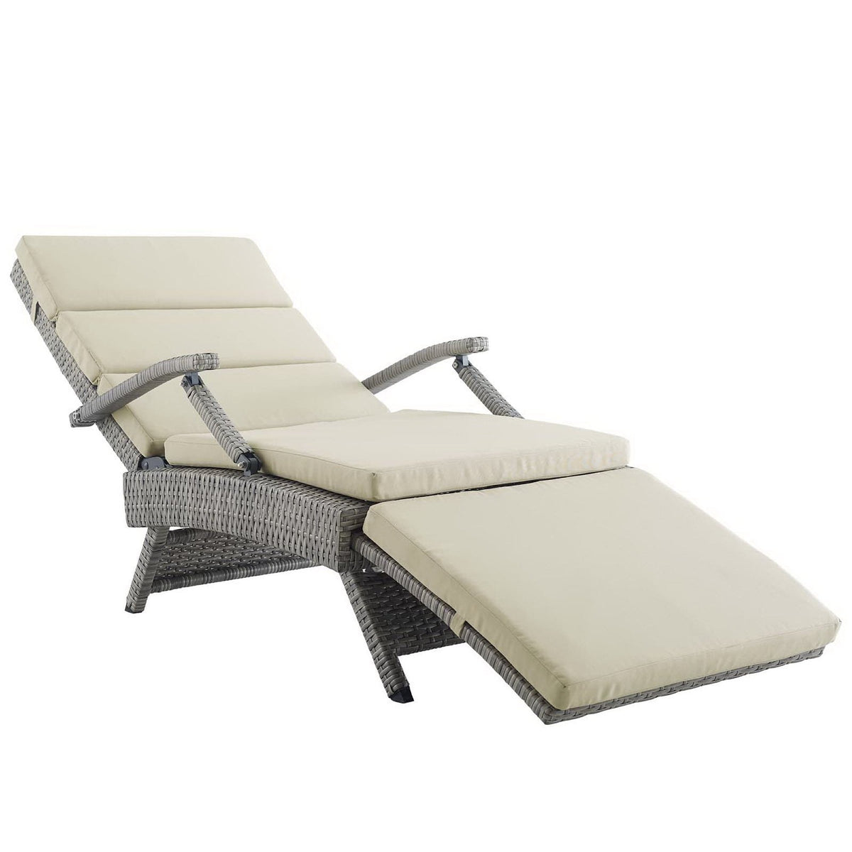 Envisage chaise outdoor wicker lounge chair with beige cushions and gray rattan frame on Tampa Home & Garden Store