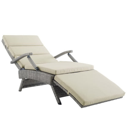 Envisage chaise outdoor wicker lounge chair with beige cushions and gray rattan frame on Tampa Home & Garden Store