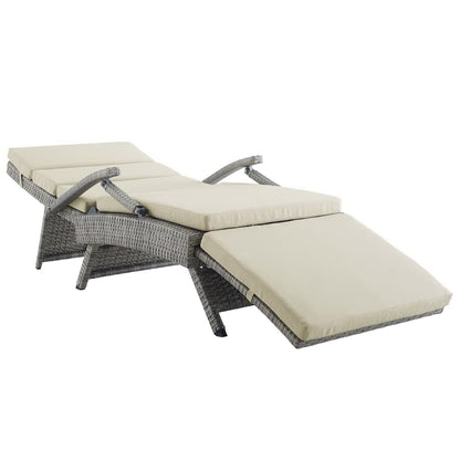 Envisage Chaise Outdoor Wicker Lounge Chair with beige cushions and gray rattan on Tampa Home & Garden Store