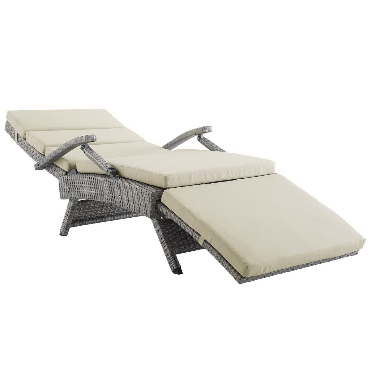 Envisage outdoor wicker chaise lounge with beige cushions and gray rattan frame on Tampa Home & Garden Store