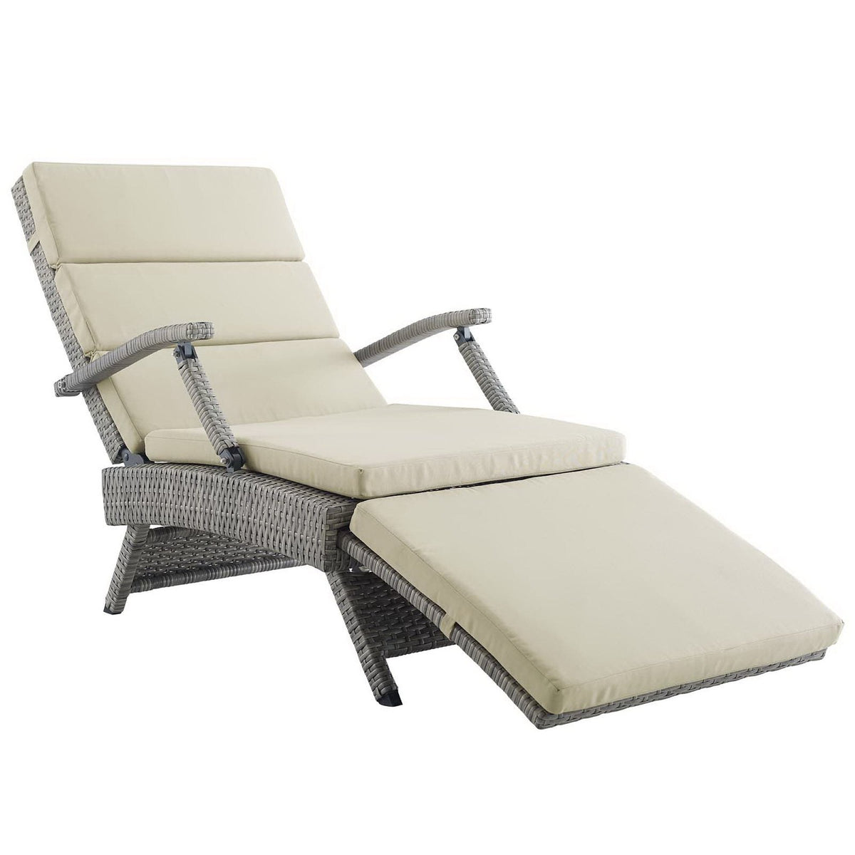 Envisage Chaise Outdoor Wicker Lounge Chair with beige cushions and gray woven frame on Tampa Home & Garden Store