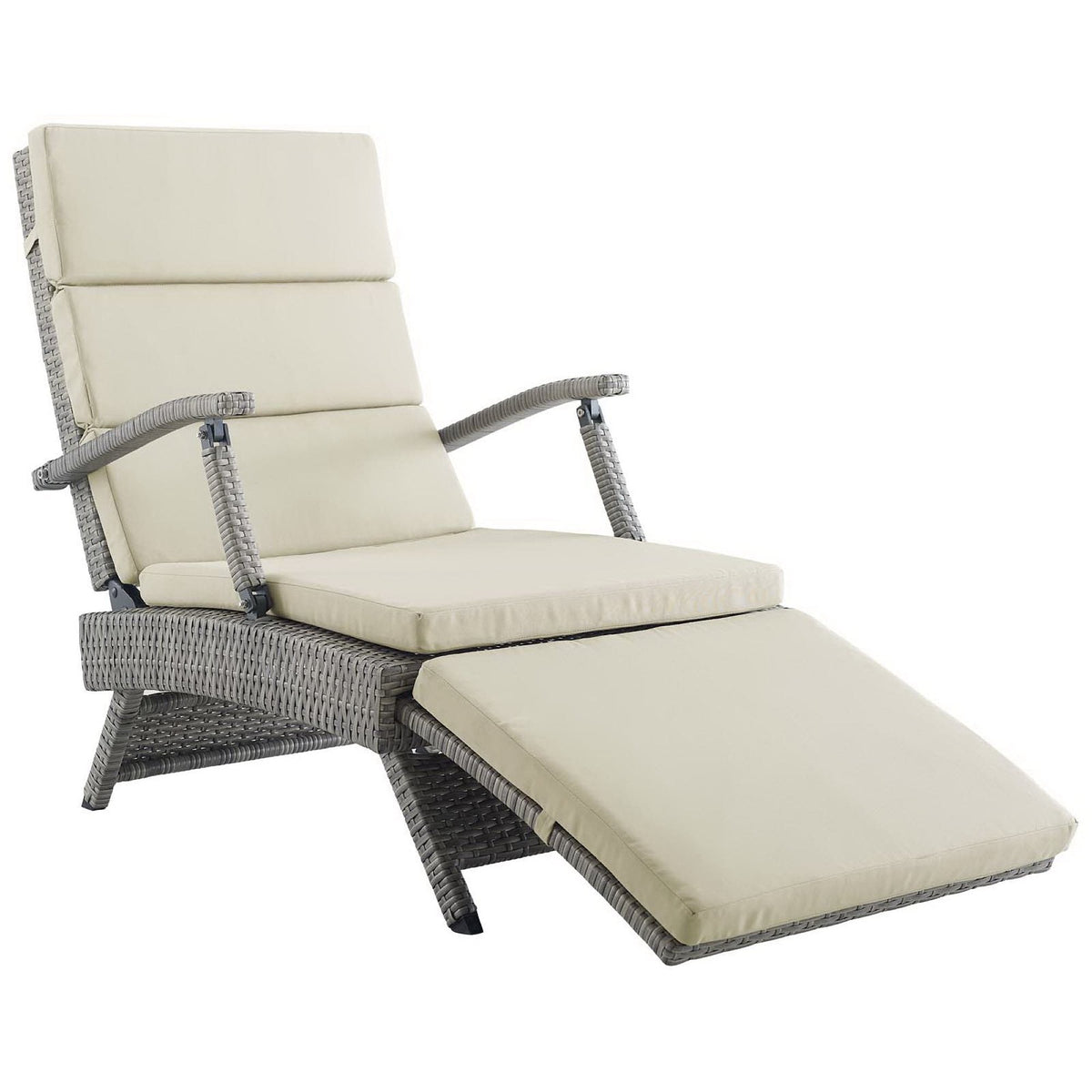 Envisage Chaise Outdoor Wicker Lounge Chair with beige cushions and gray woven frame on Tampa Home & Garden Store
