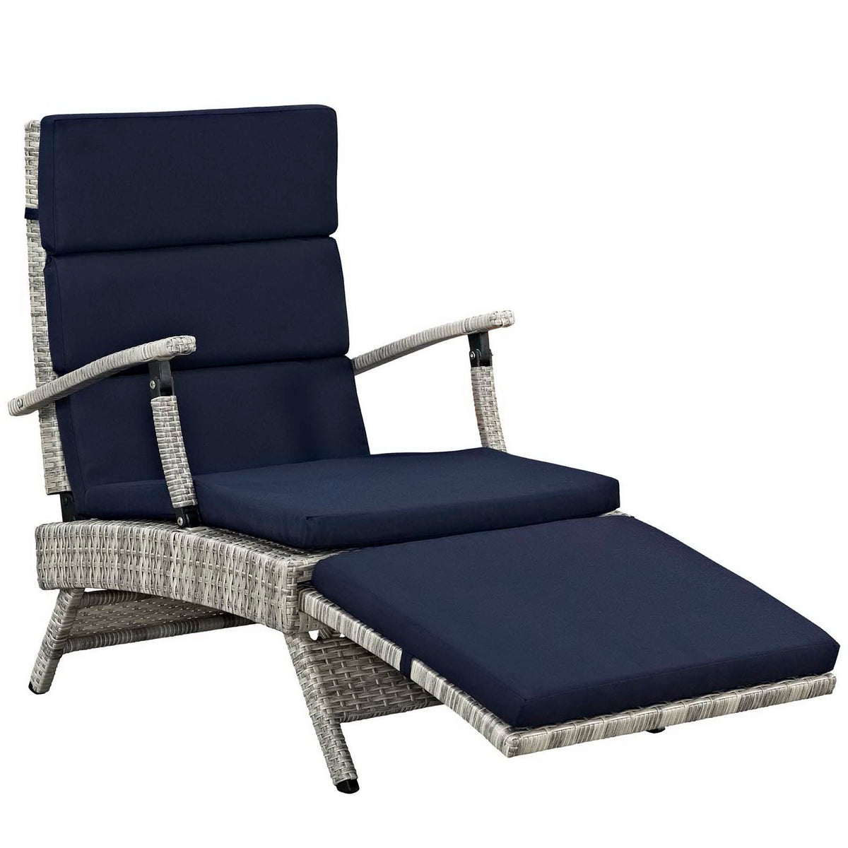 Envisage Chaise Outdoor Lounge Chair with navy cushions, wicker rattan frame HouseOfZazla on Tampa Home & Garden Store