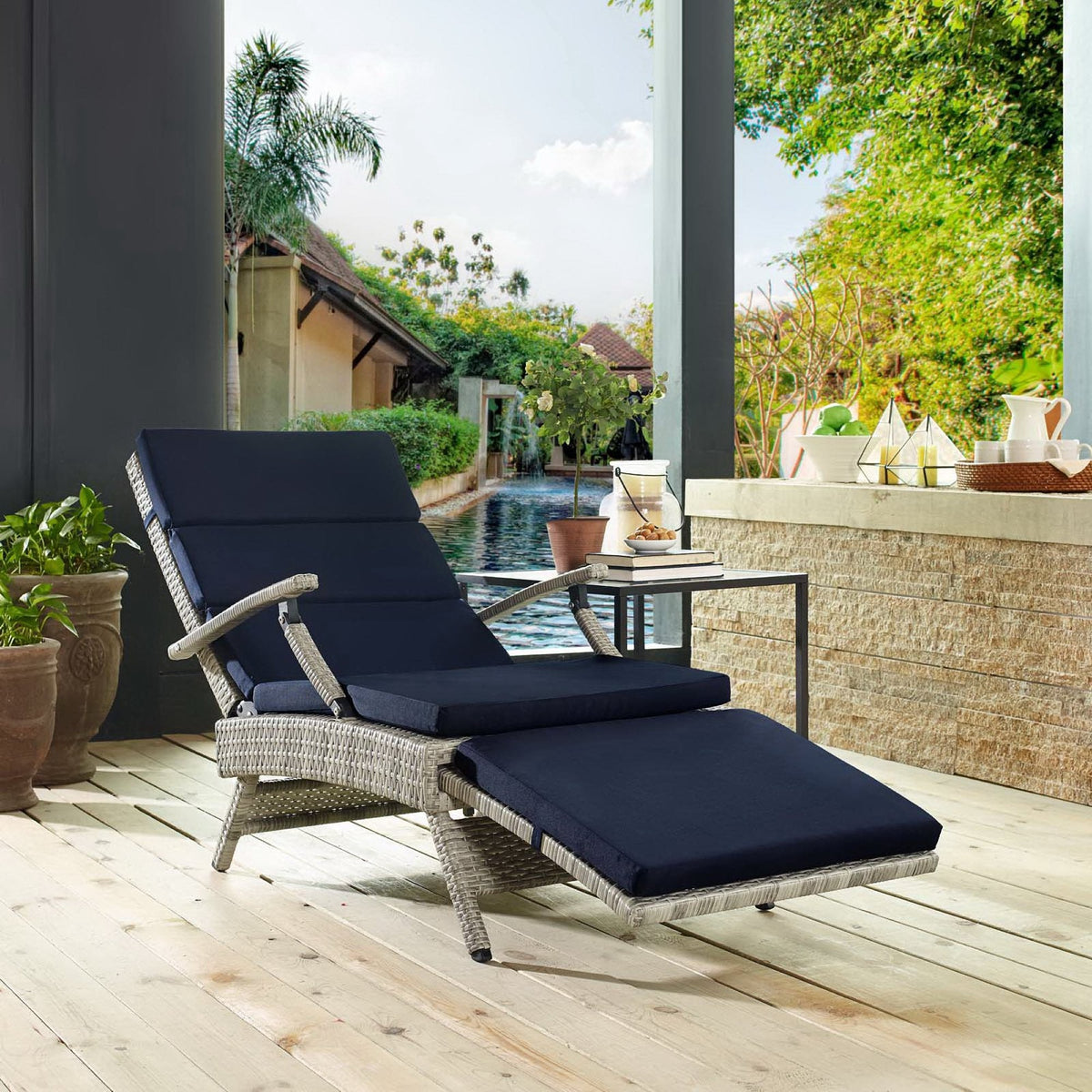 Envisage Chaise Wicker Rattan Lounge Chair pair with navy cushions by Modway on poolside patio on Tampa Home & Garden Store