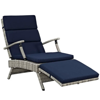 Envisage Chaise Outdoor Patio Wicker Rattan Lounge Chair navy cushions woven wicker frame on Tampa Home & Garden Store