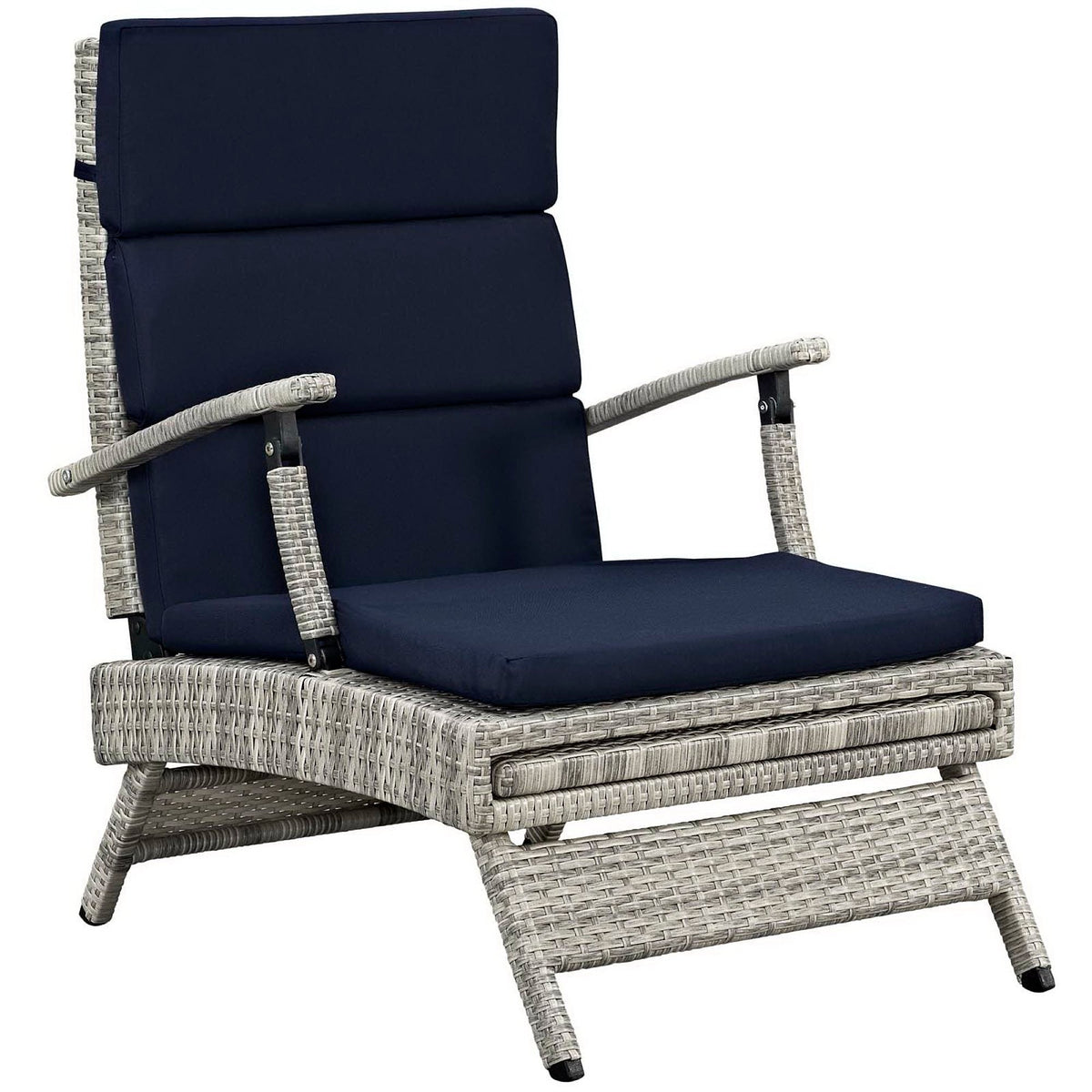 Envisage Chaise Outdoor Patio Wicker Lounge Chair with navy cushions and gray wicker frame on Tampa Home & Garden Store
