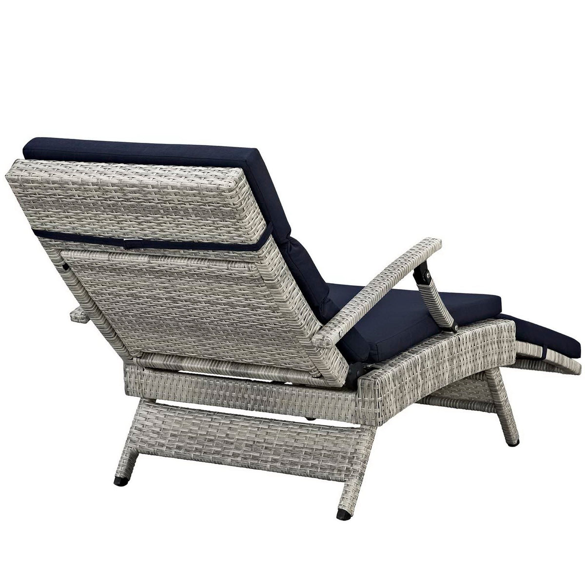 Envisage Chaise Outdoor Patio Wicker Lounge Chair with navy cushions and beige wicker on Tampa Home & Garden Store