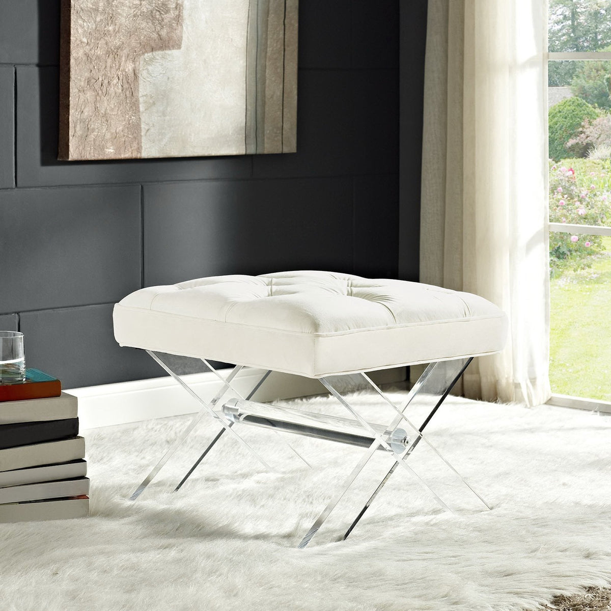 Swift Bench by Modway, white upholstered living room bench with chrome crisscross legs on Tampa Home & Garden Store