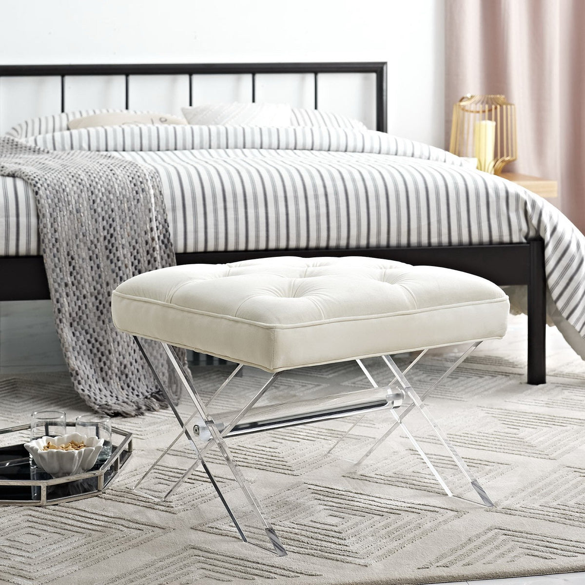 Swift Bench by Modway beige tufted cushion with chrome legs in a modern bedroom on Tampa Home & Garden Store