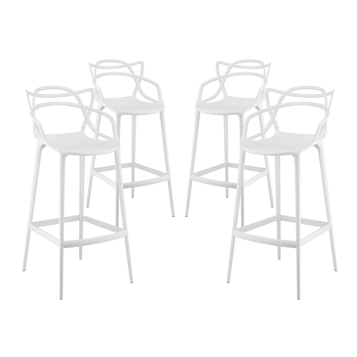 Entangled bar stools set of 4 white molded plastic with sculptural backrests on Tampa Home & Garden Store