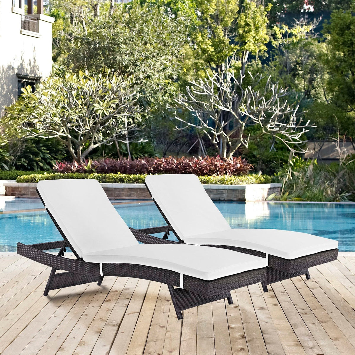 Convene outdoor chaise set of 2 with wicker frames and white cushions by HouseOfZazla on Tampa Home & Garden Store