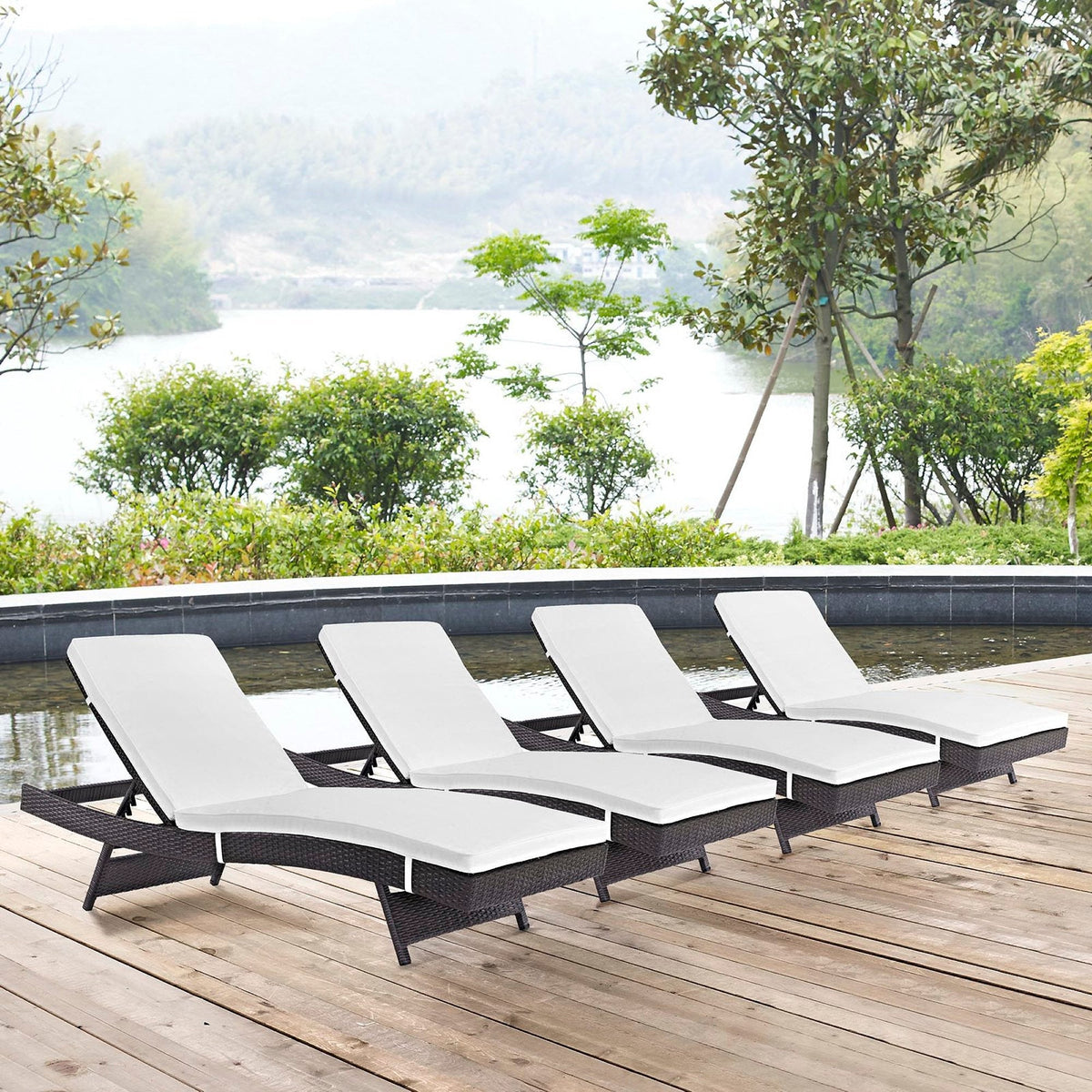 Convene outdoor patio chaise set of 4 by Modway, white cushions on dark wicker frames on Tampa Home & Garden Store