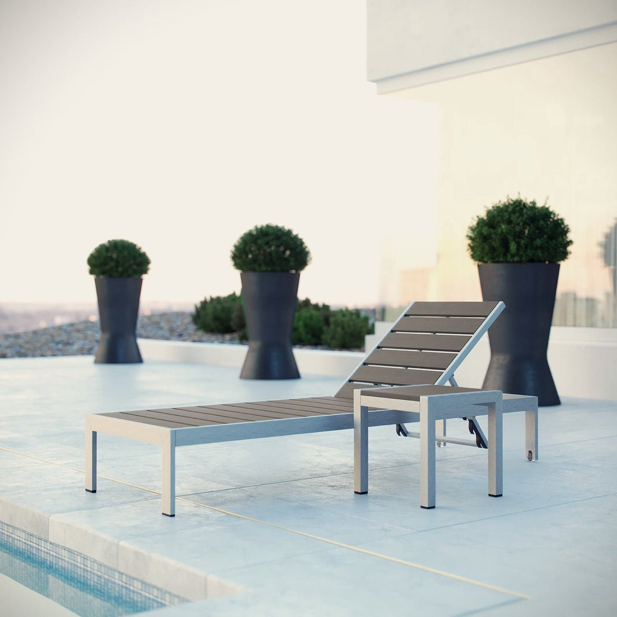 Shore 2 Piece Outdoor Patio Aluminum Set with slatted brown seats on a rooftop pool deck on Tampa Home & Garden Store