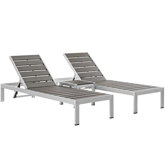 Shore 3 Piece Outdoor Patio Aluminum Set with two gray slat chaise lounges and rectangular table on Tampa Home & Garden Store